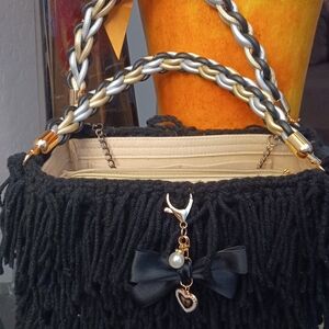 Chic Black Fringe Shoulder Bag with Braided Strap